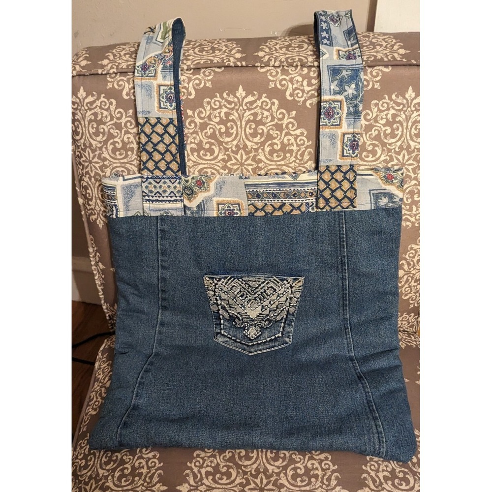 VTG Large Denim Handmade Grandma Cottagecore Embellished Patchwork Tote Bag